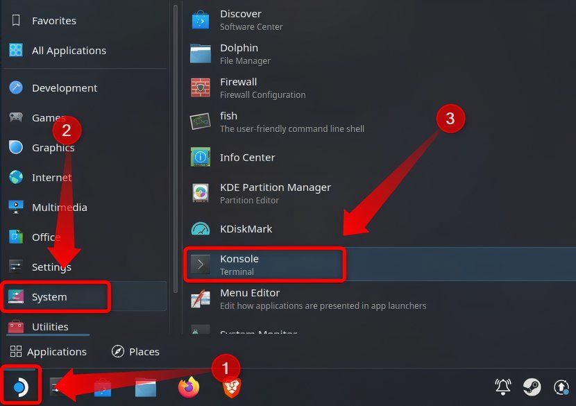 Steam Deck Desktop Mode with the Application Launcher menu open.