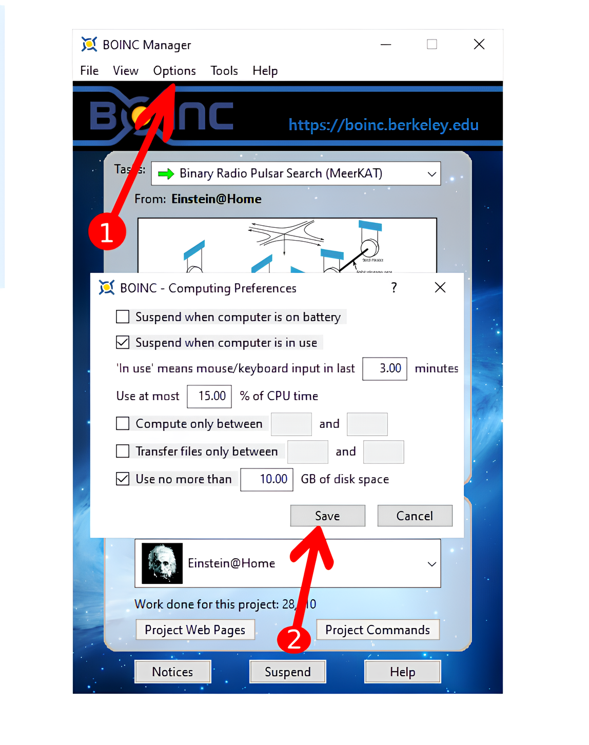 The basic computing preferences panel on the BOINC manager.