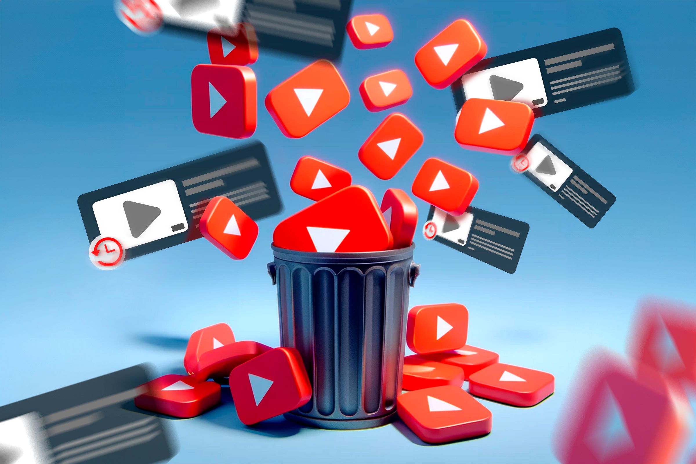 Illustration of the YouTube icon and some videos around a trash can.