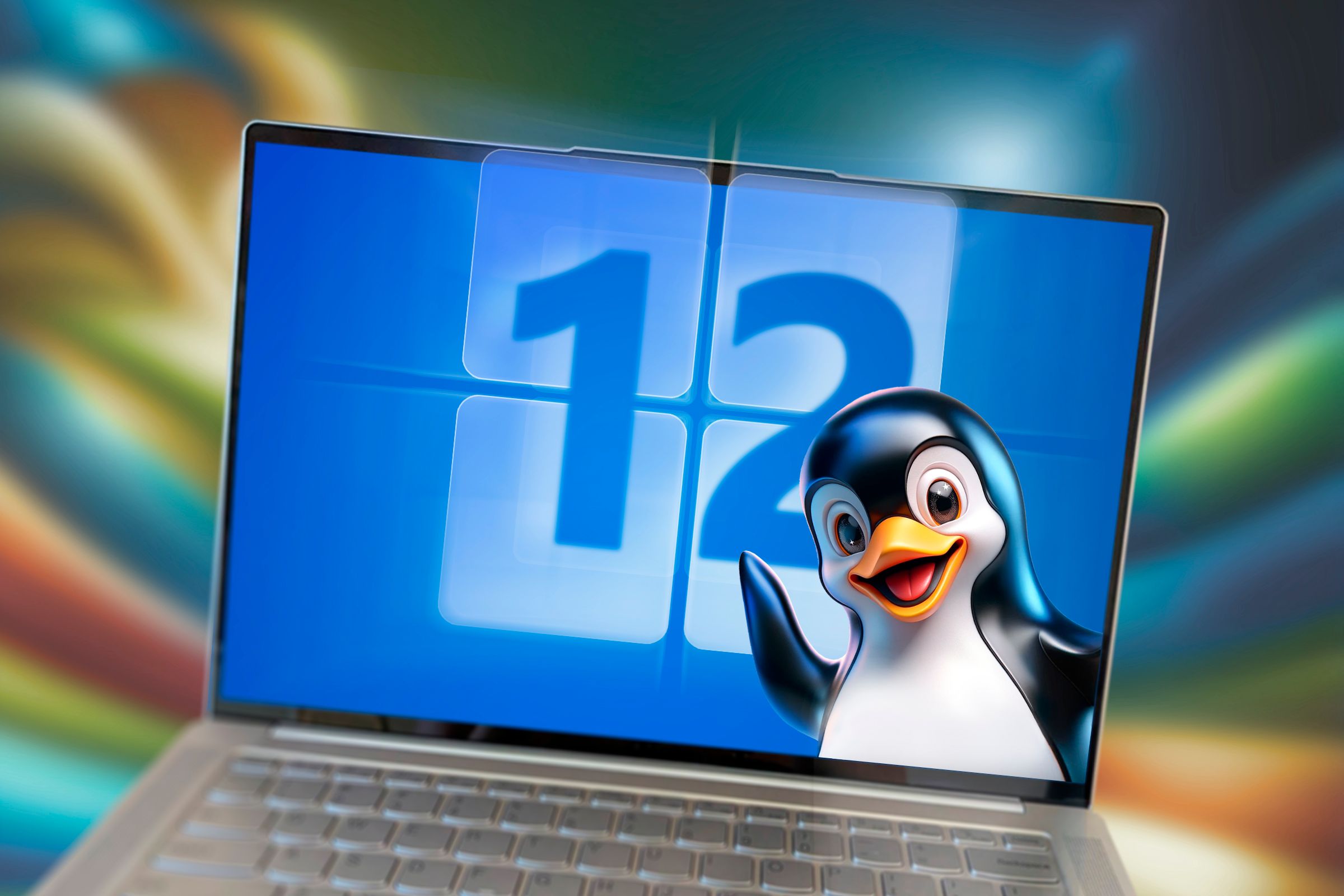 Laptop featuring a hypothetical Windows 12 logo with Tux the Linux penguin waving.