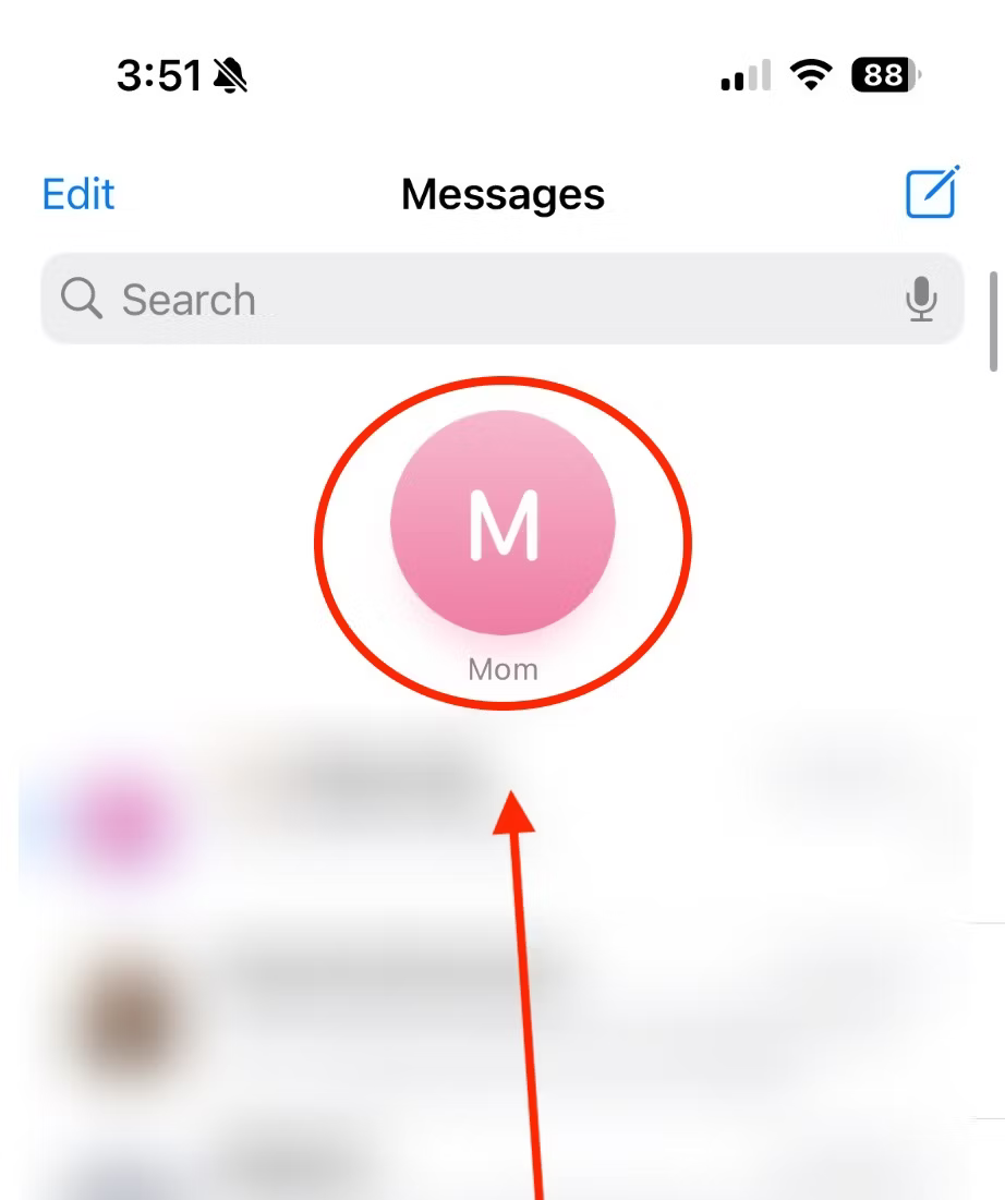 iMessage app with pinned contact circled.