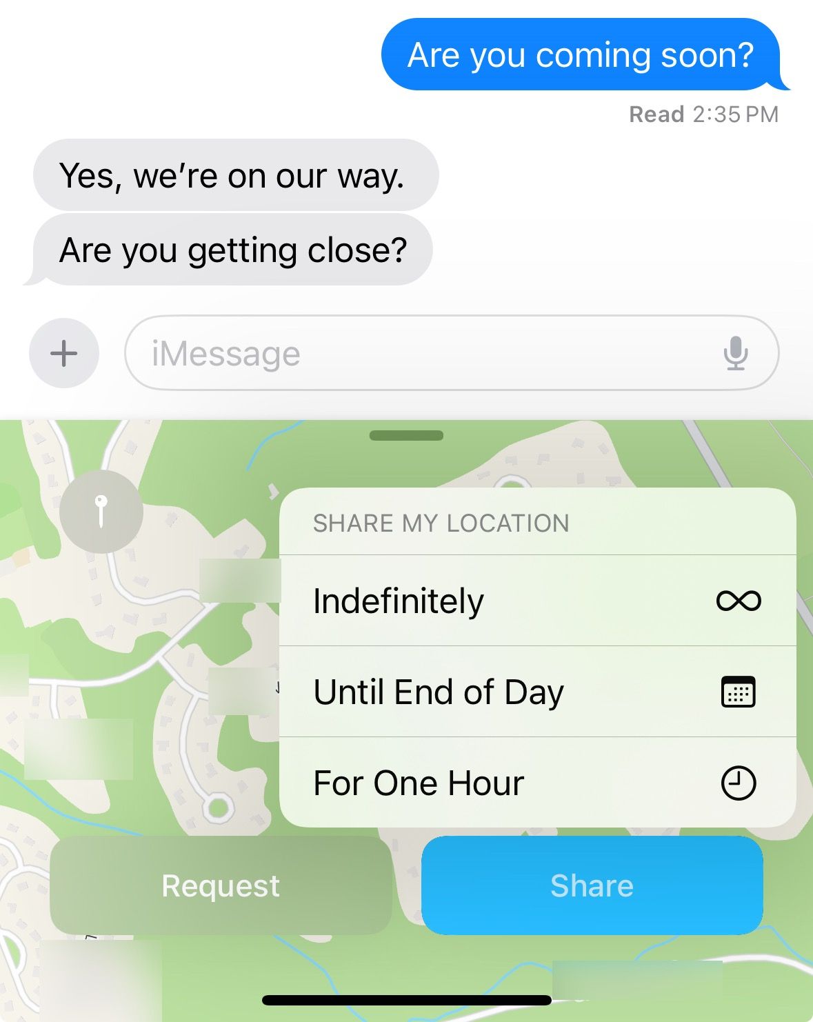 iMessage location sharing options.