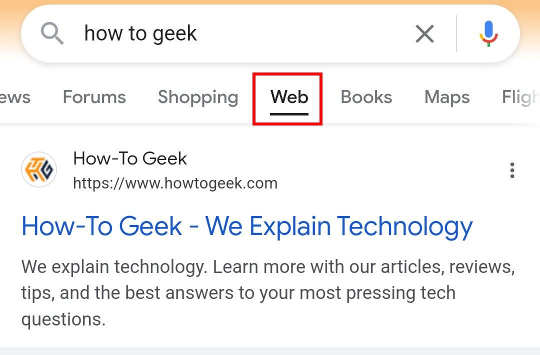 The 'Web' filter option highlighted in red on Google's mobile search results page.