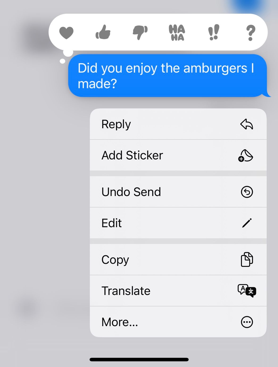 iMessage menu options for single message.