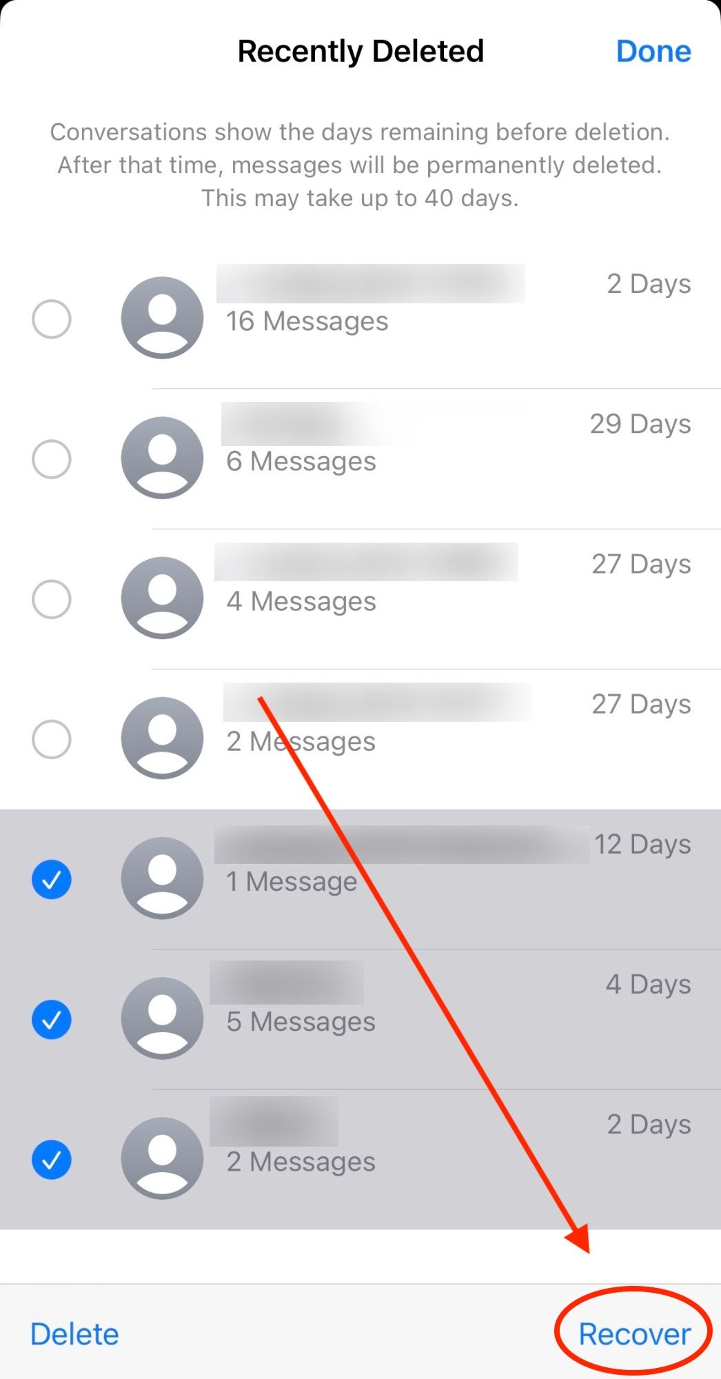 iMessage recently deleted menu with 'Recover' button circled.