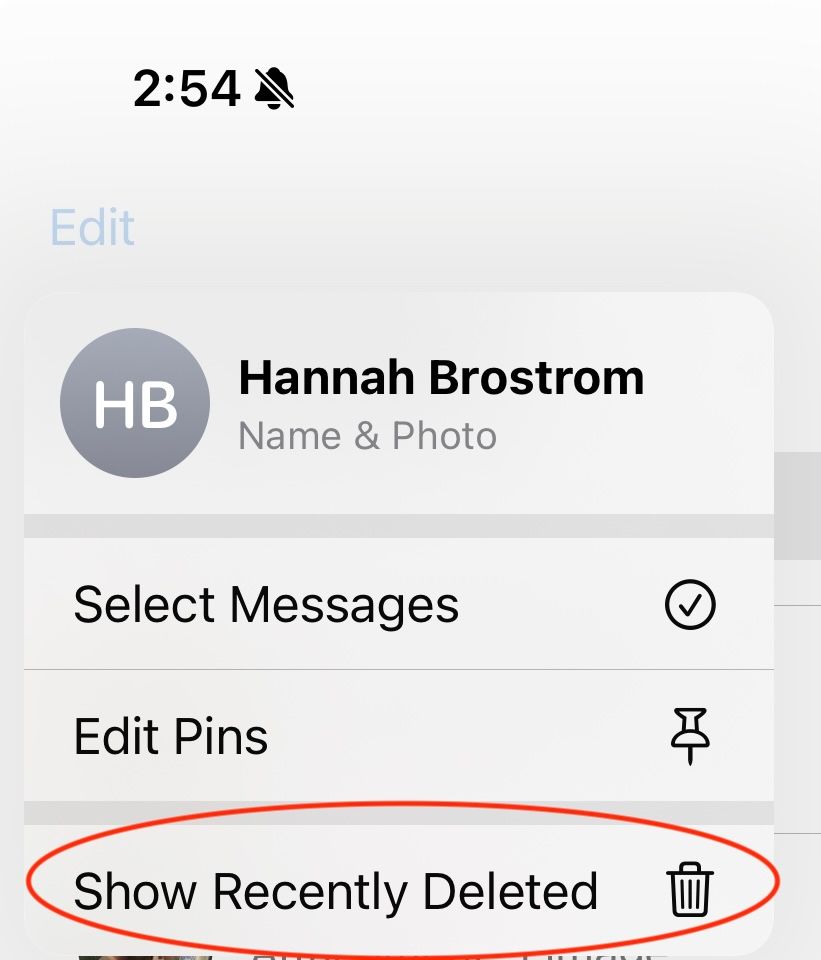 iMessage menu with Show Recently Deleted button circled.