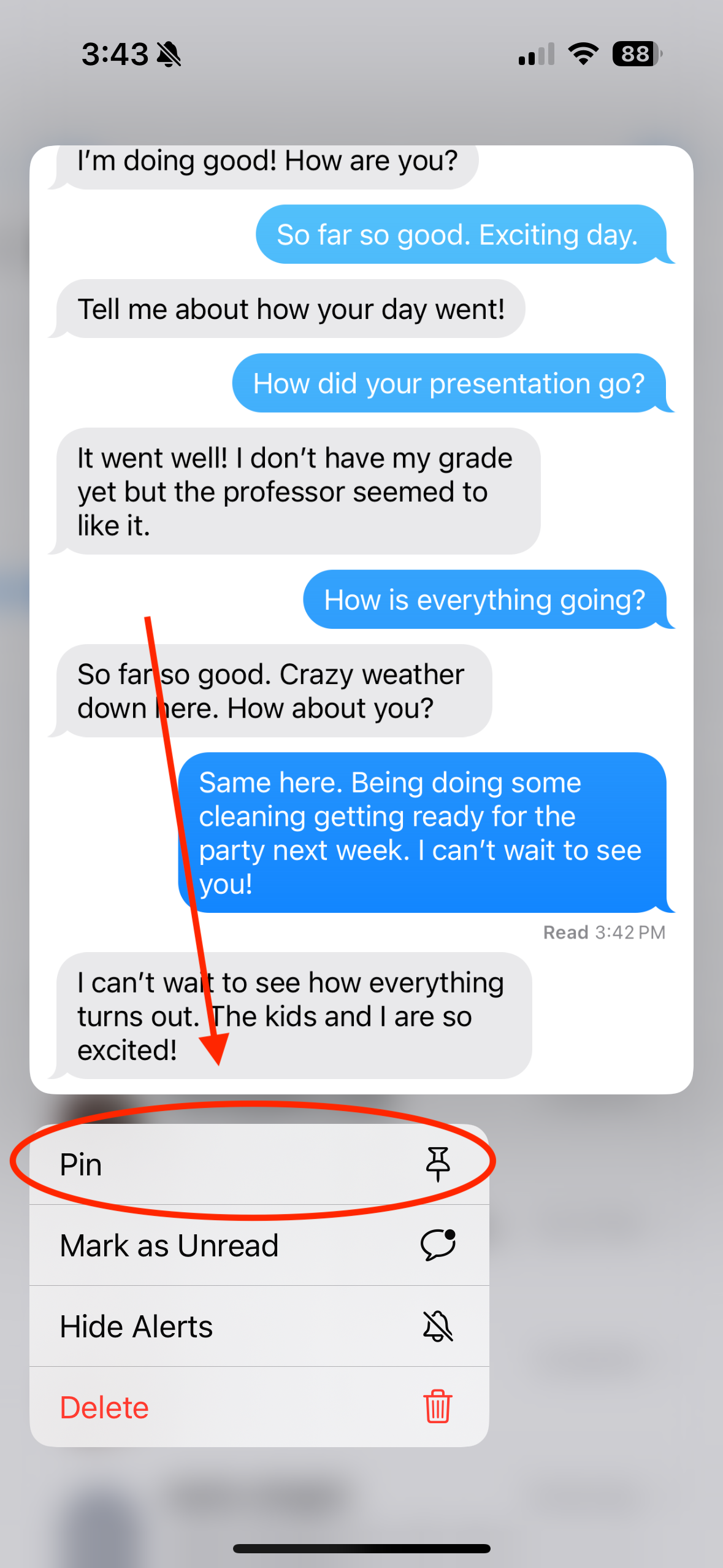 iMessage conversation with 'Pin' option circled.