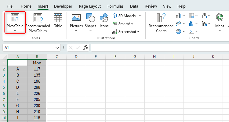 An Excel sheet containing data, and the PivotTable option in the Insert tab on the ribbon is highlighted.