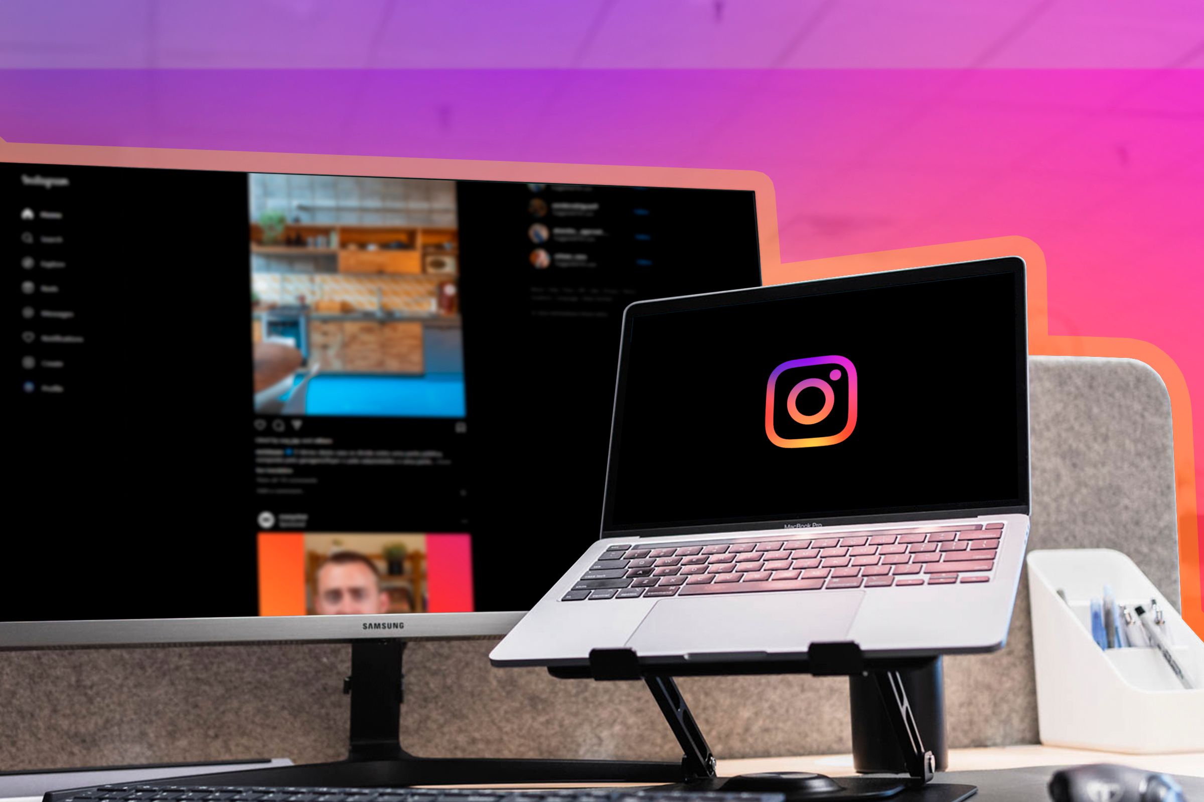 Desk with a laptop with Instagram logo and a monitor on Instagram feed.  