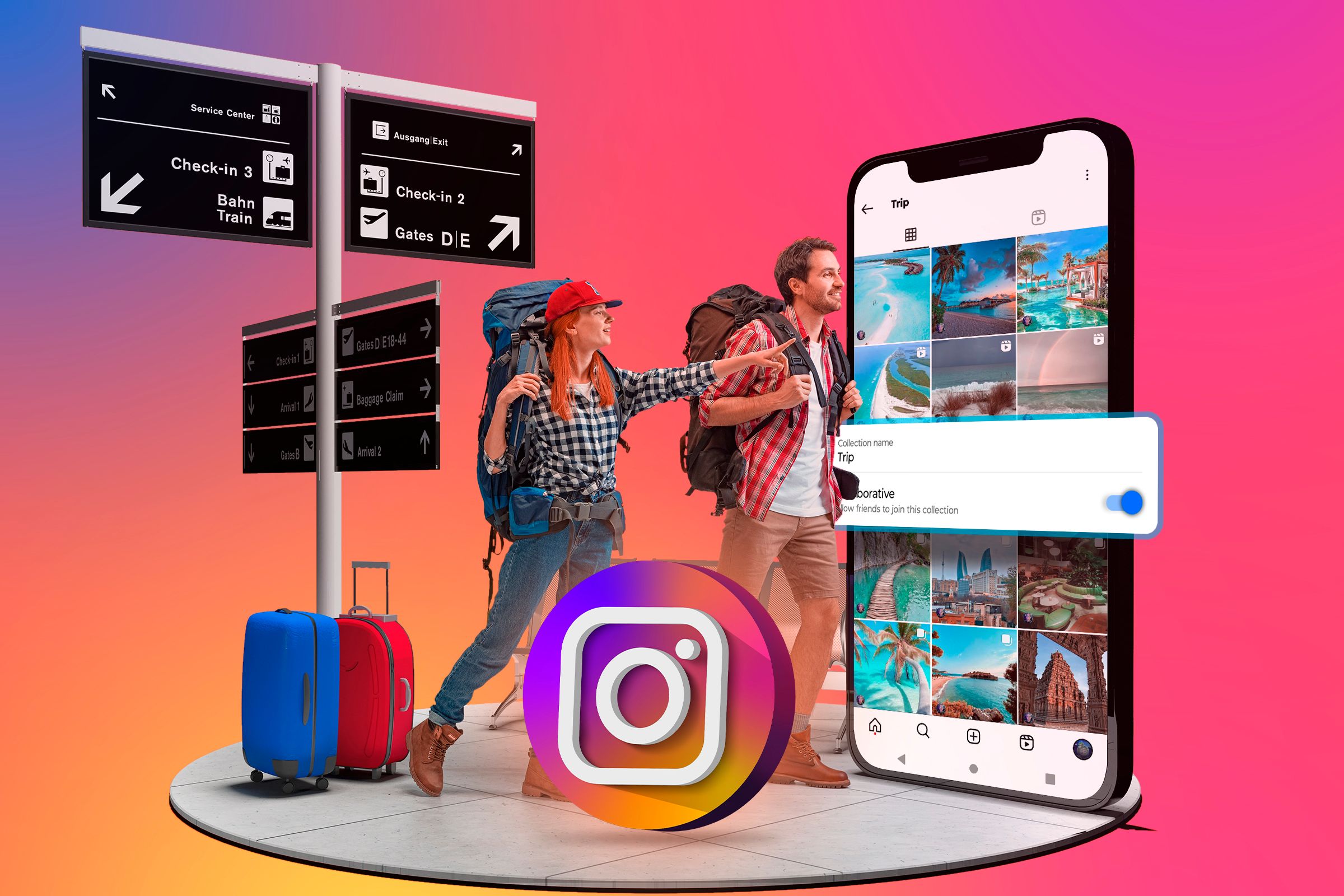 Happy couple going for a vacation trip towards a 3D model of a phone with Instagram screen.