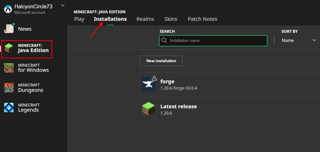 Installations tab in the Minecraft Launcher.