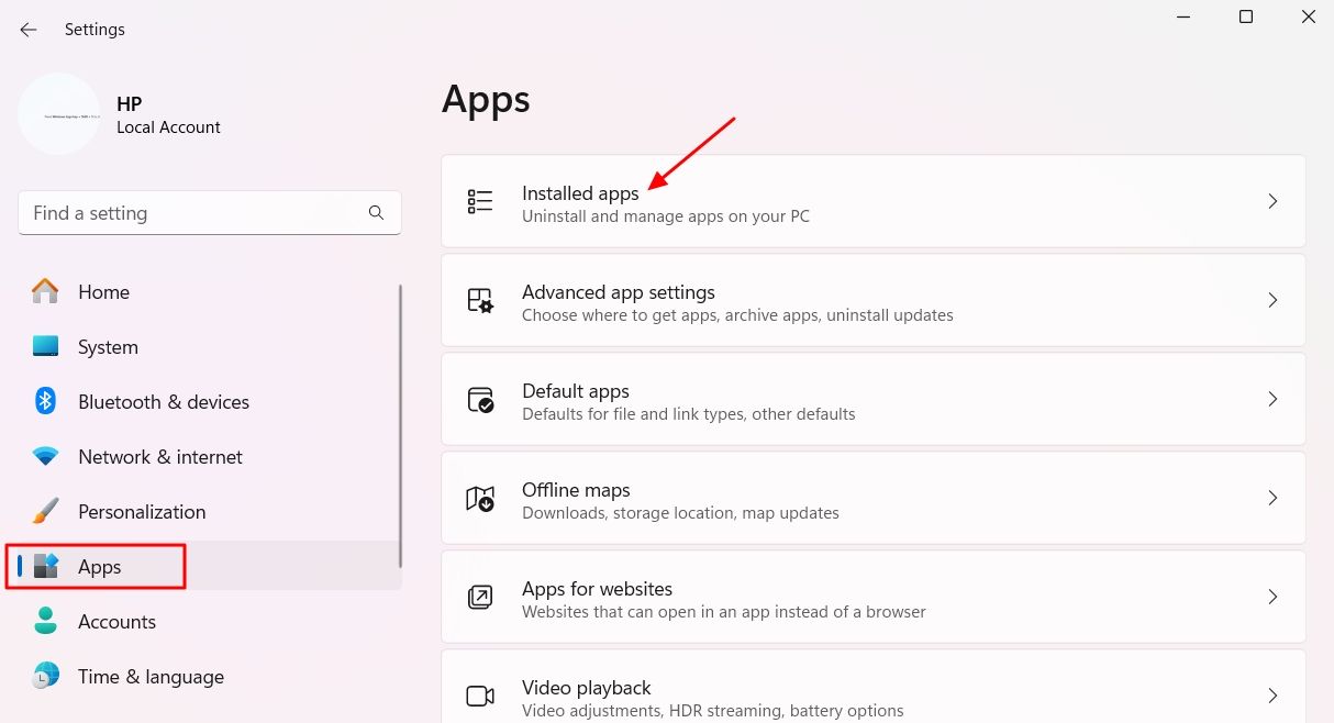Installed apps option in the Settings app