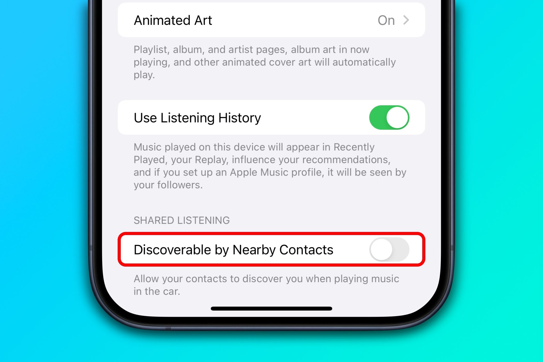 The iPhone's Settings app with the Discoverable by Nearby Contacts option disabled for the Music app.