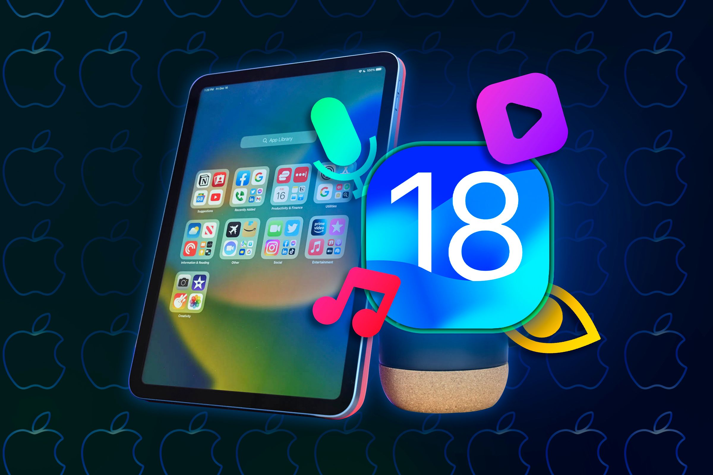 An iPad with an iOS 18 icon next to it and some icons of the new accessibility features.