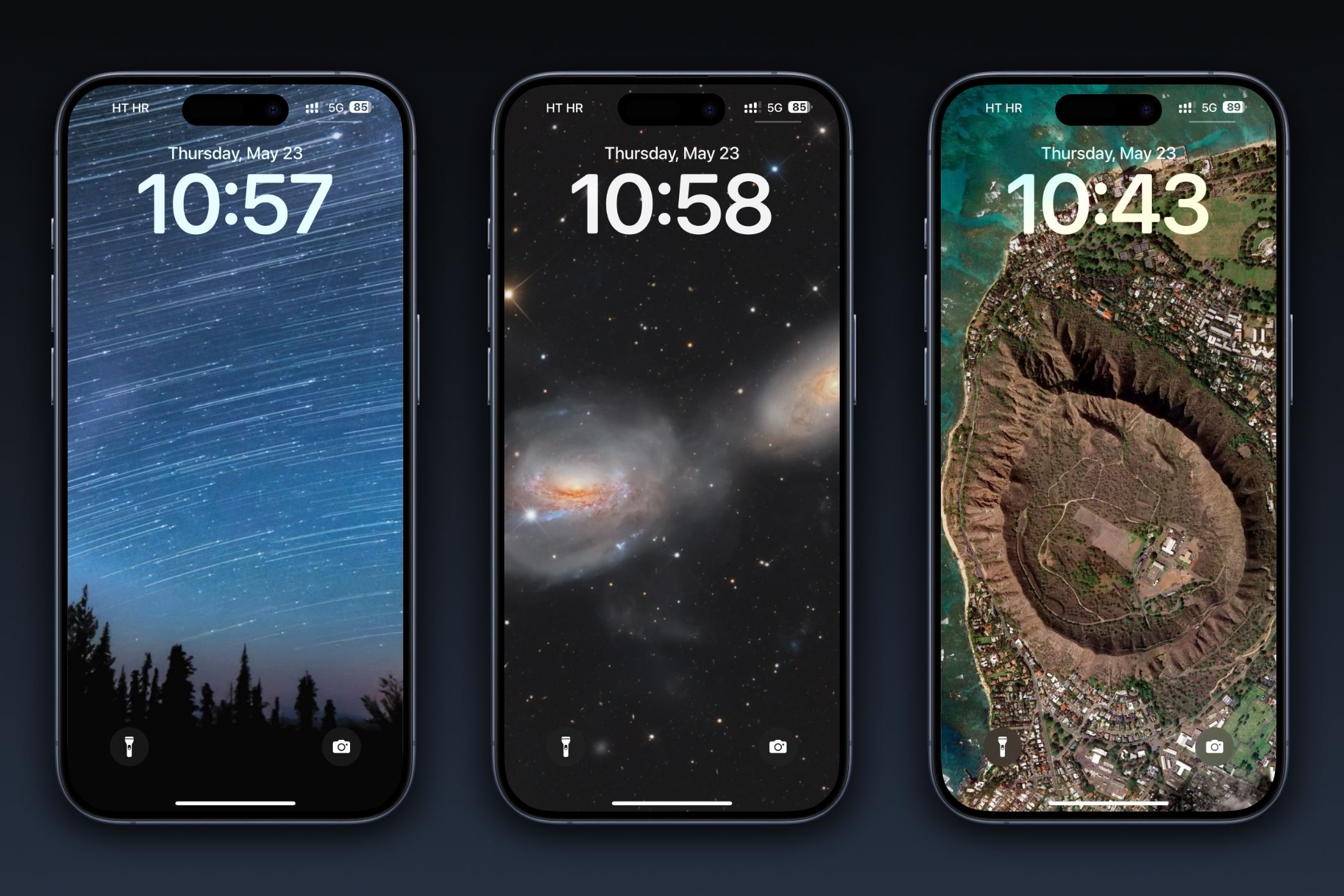 Three iPhones showcasing lockscreen wallpapers from Chromecast, NASA, and Google Earth.