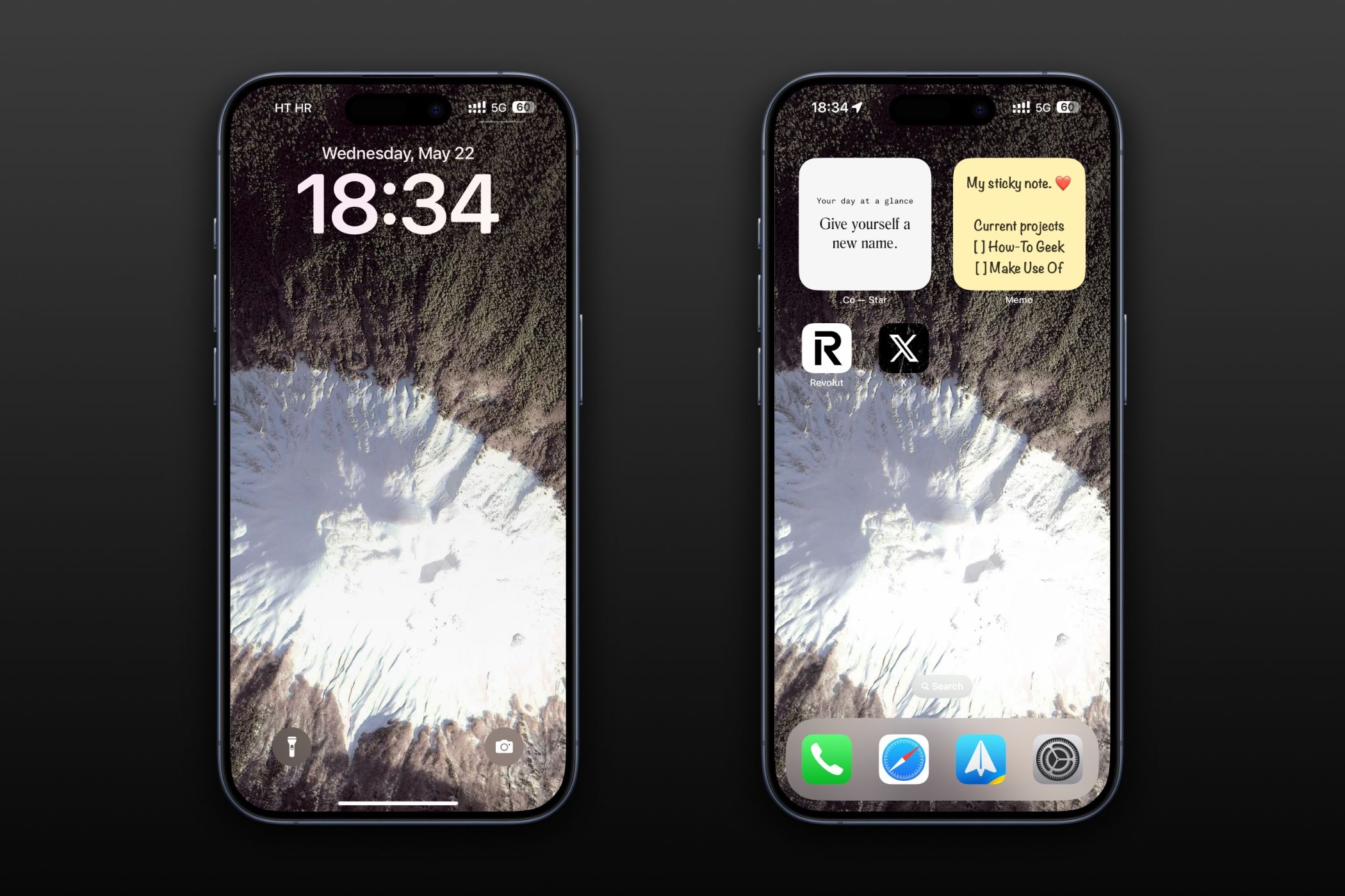 Two iPhones showcasing Lock and Home screen wallpapers.