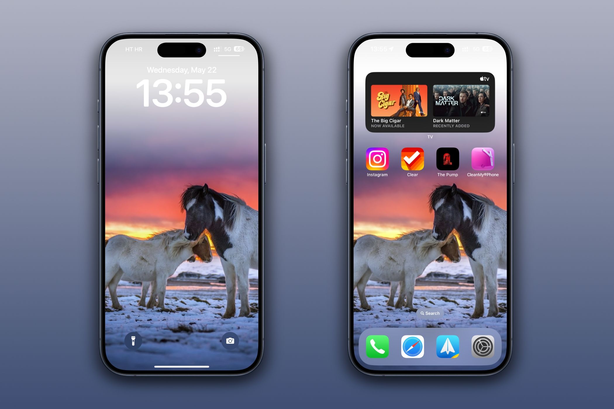 Two iPhones showcasing Lock and Home screen wallpapers.