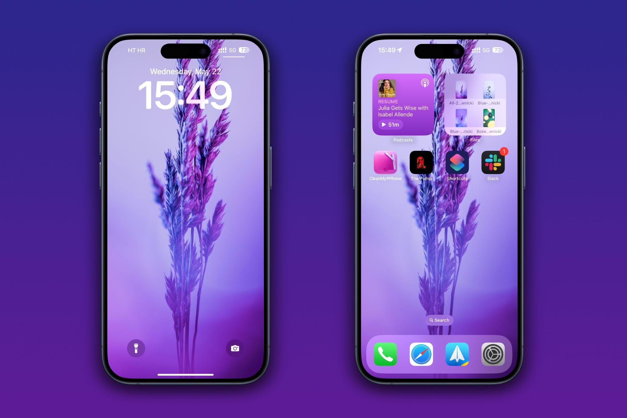 Two iPhones showcasing Lock and Home screen wallpapers.