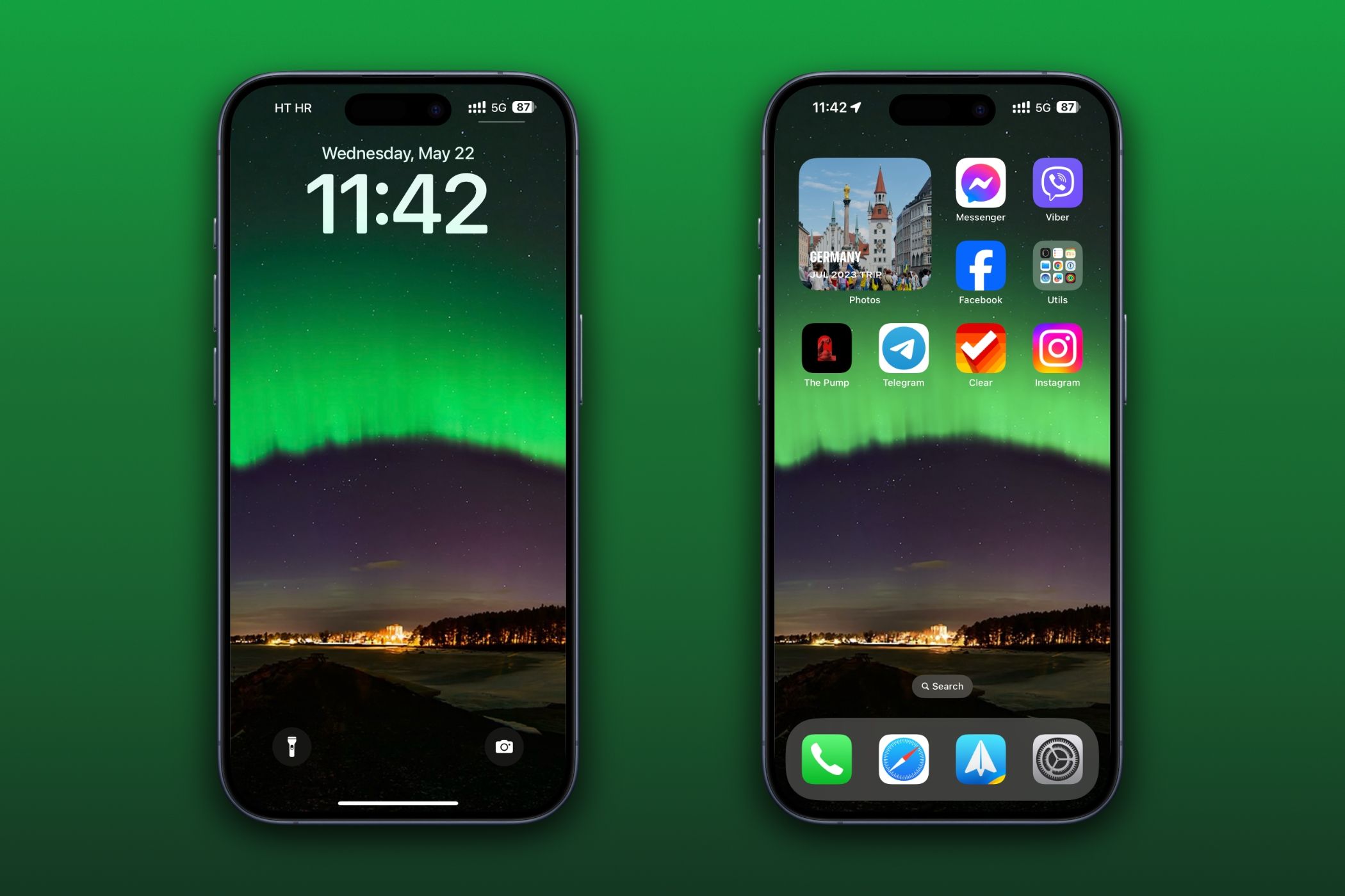 Two iPhones showcasing Lock and Home screen wallpapers.