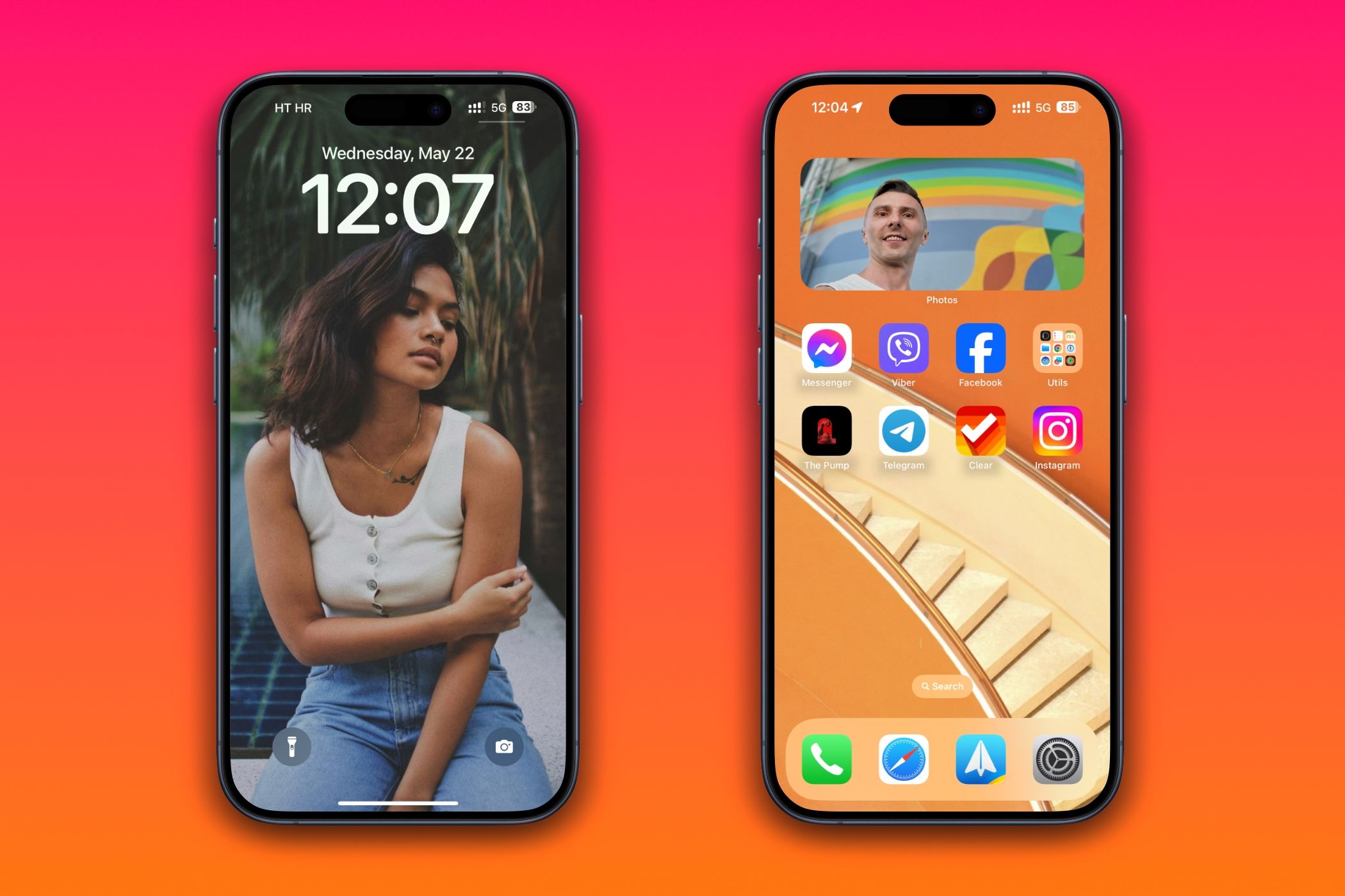 Two iPhones showcasing Lock and Home screen wallpapers.