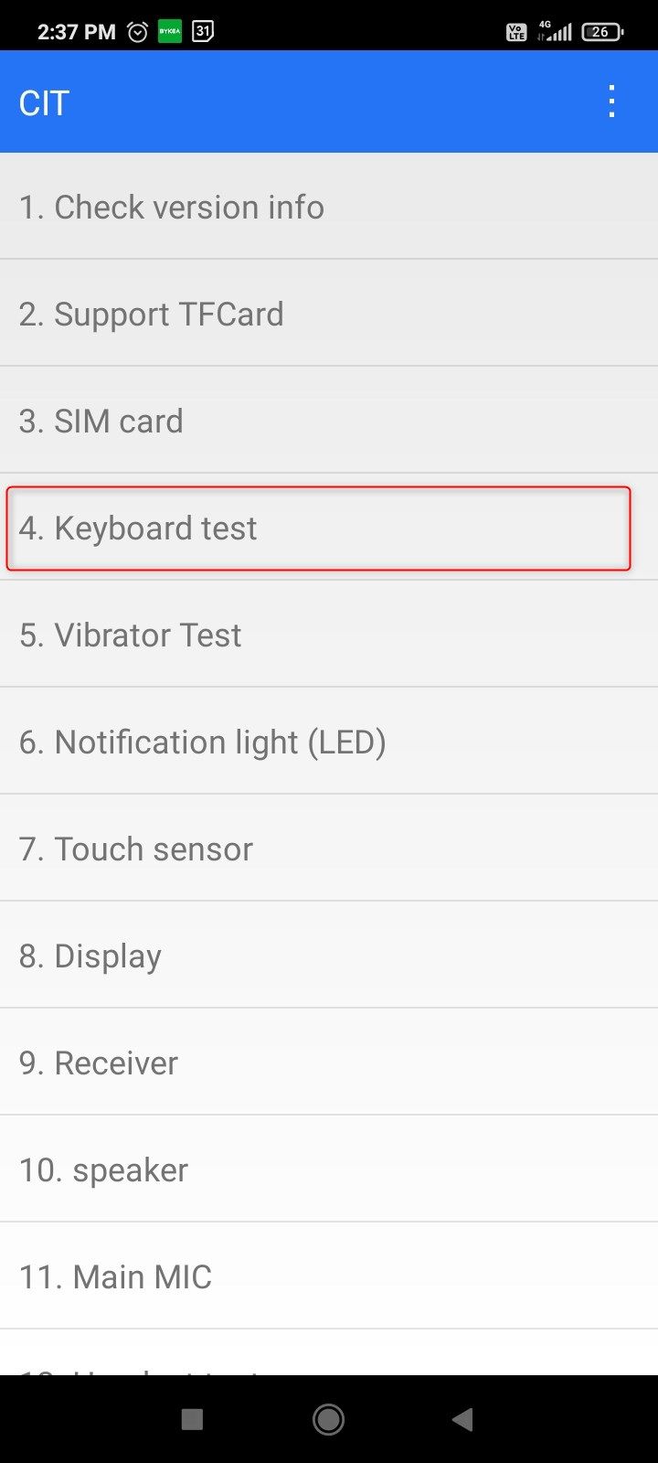 Keyboard test menu item in the CIT tools.