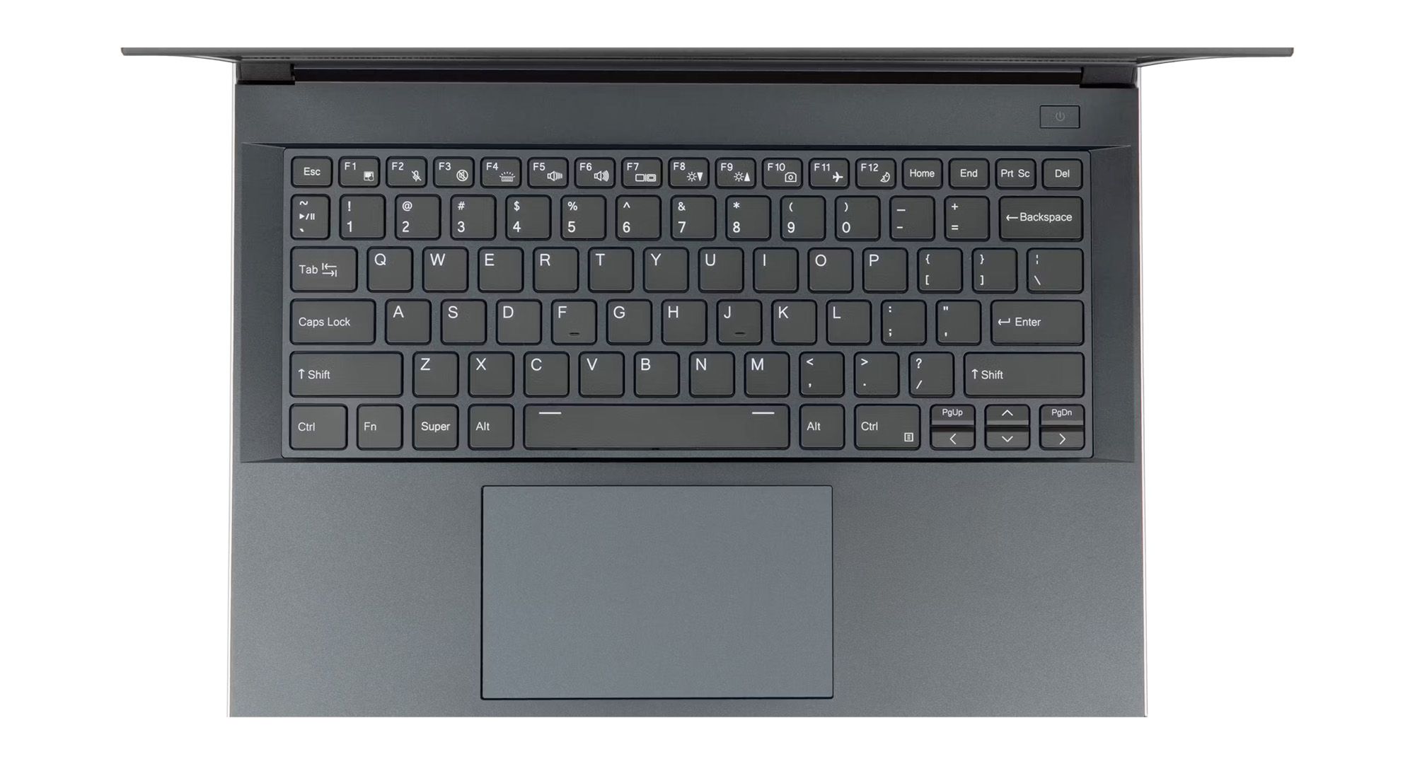 Black laptop from top view, showing keyboard and trackpad.