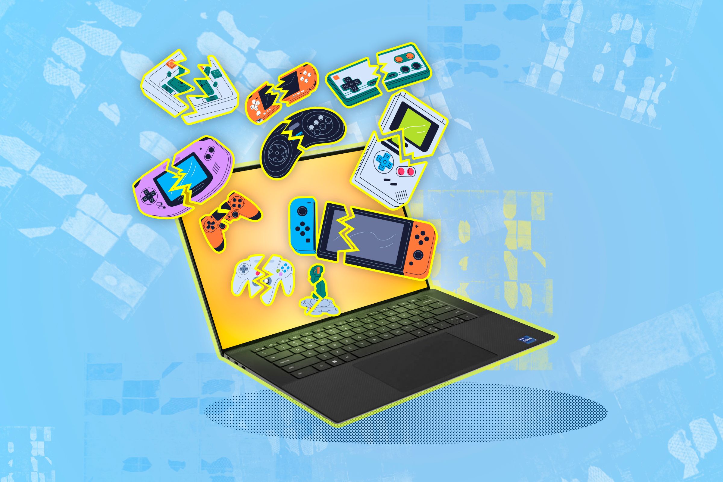 Laptop with multiple broken video game controllers, representing emulators.