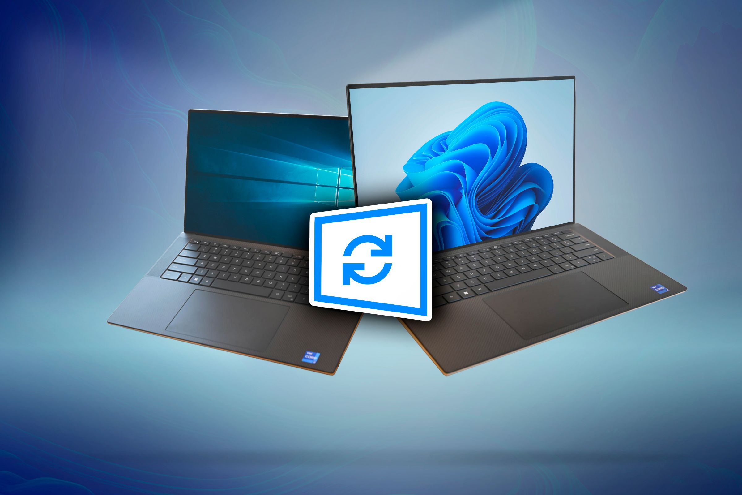 Laptop with Windows 10 on the left, and laptop with Windows 11 on the right, with an update icon in the center.