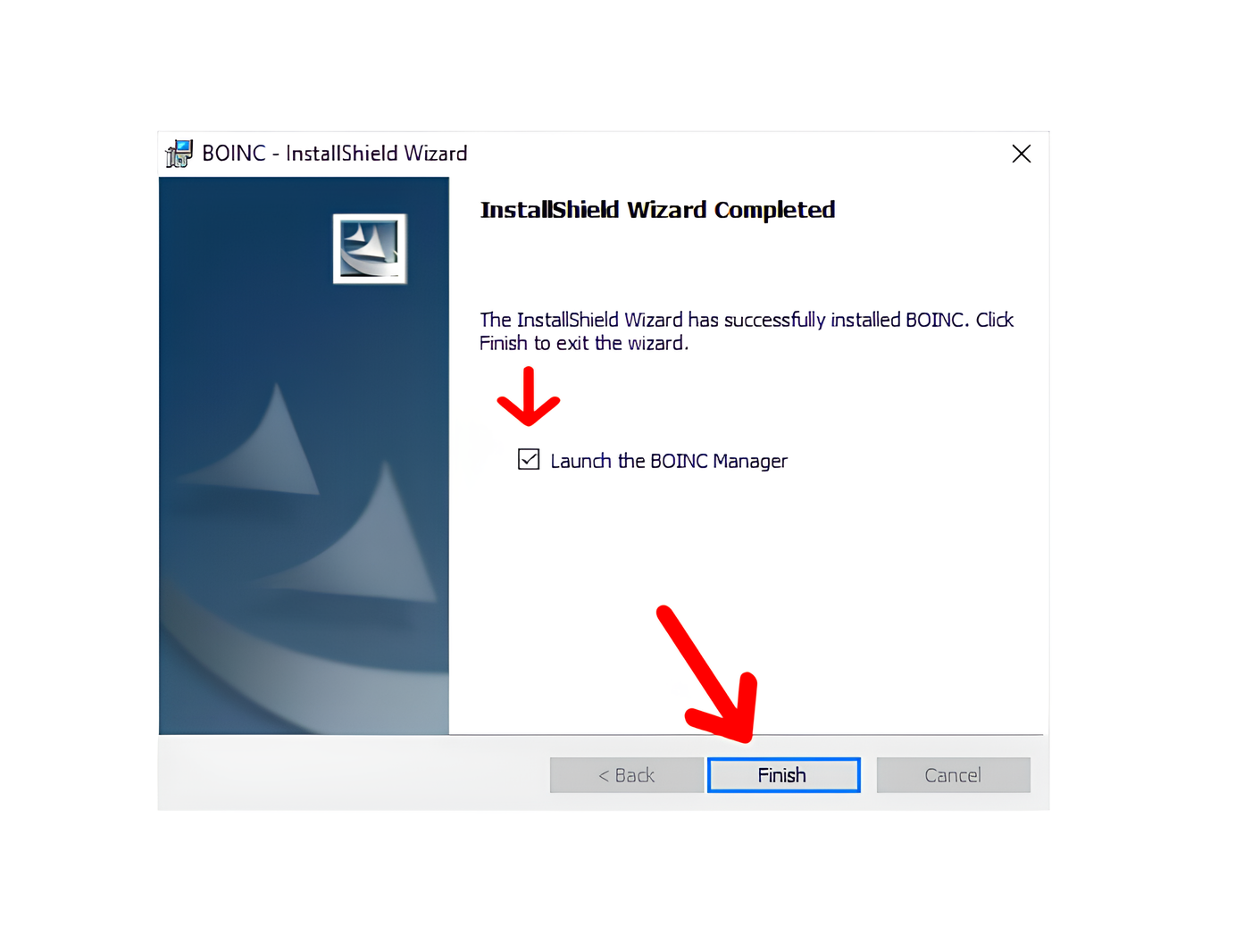 Finishing the BOINC installation and launching the BOINC manager.