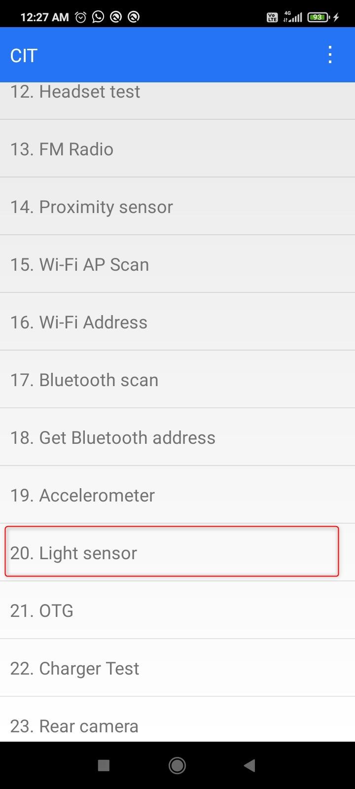 Triggering the light sensor test on Android.