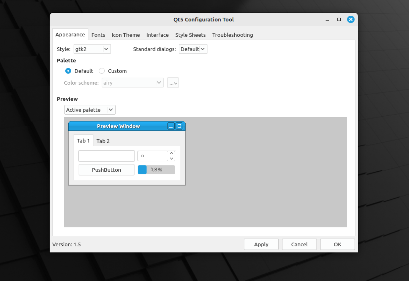 An instance of the Qt5 customizer tool opened in Linux Mint