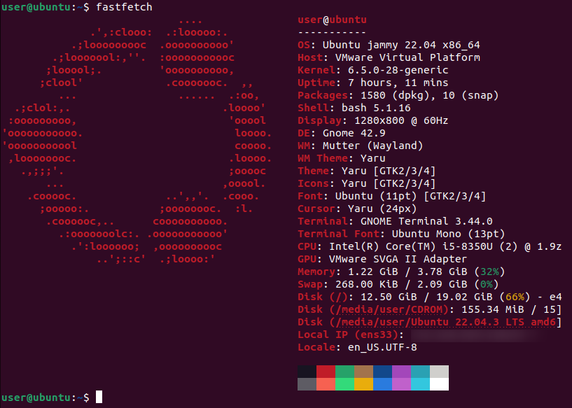 Linux terminal displaying system information using fastfetch tool
