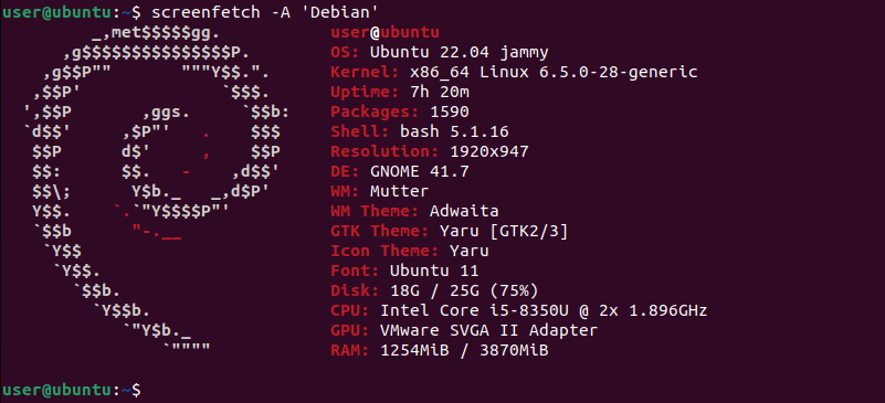 Linux terminal window showing debian ASCII art logo along with system information by using screenfetch tool