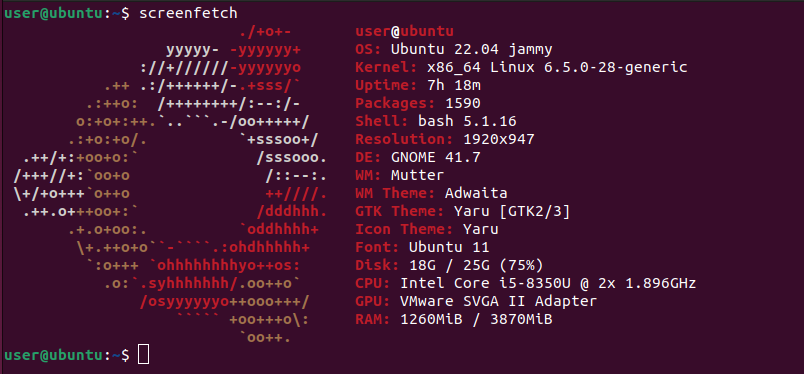 Linux terminal window showing system information by executing screenfetch