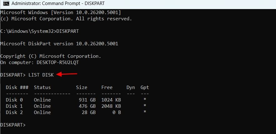 LIST DISK command in Command Prompt.