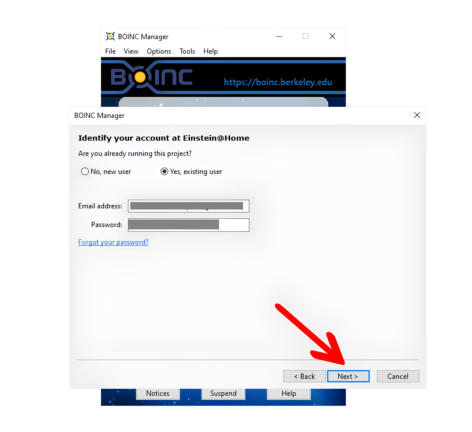 Logging into the Einstein@Home project on BOINC.