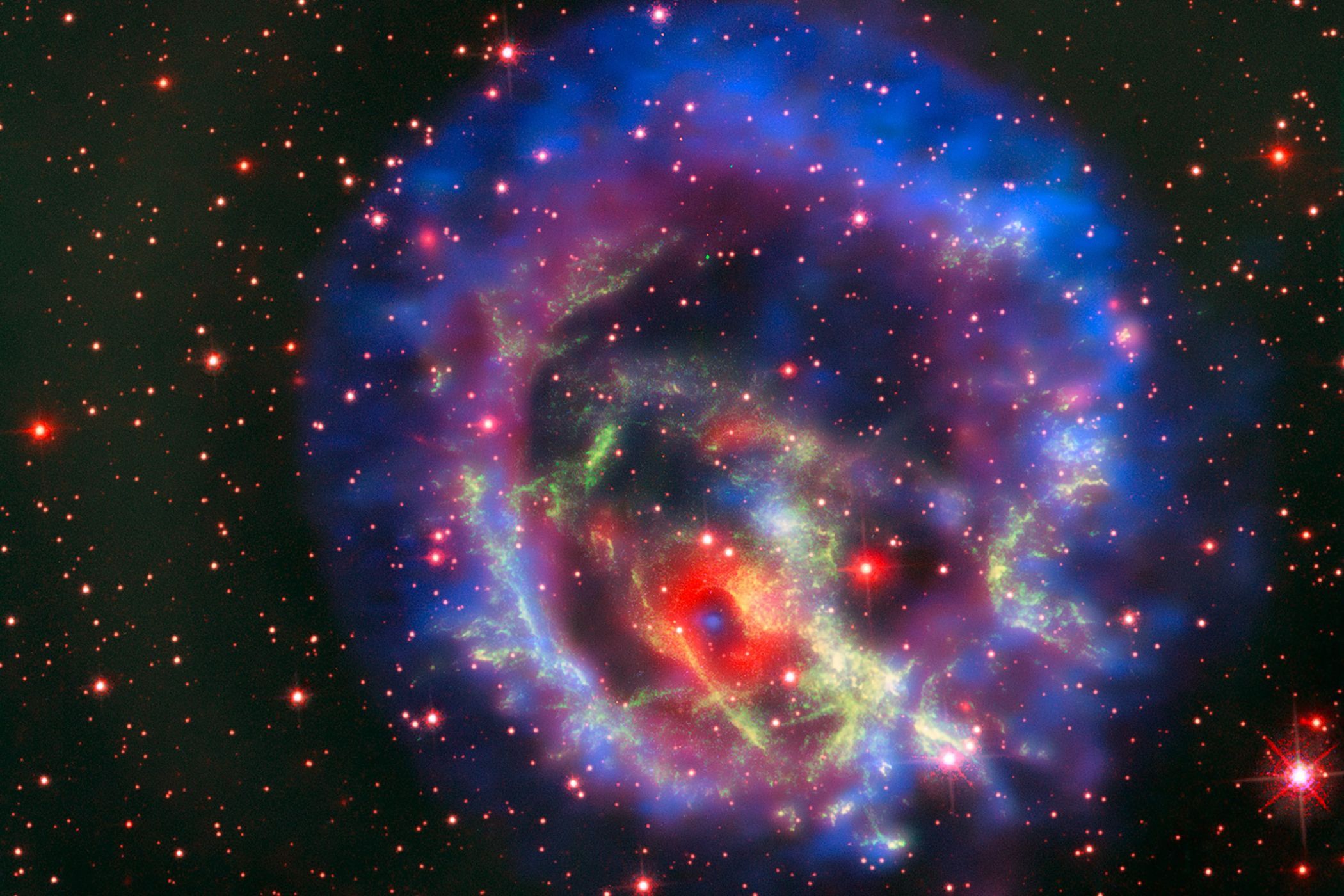 Telescope image of a lonely neutron star discovered outside the Milkway Galaxy.