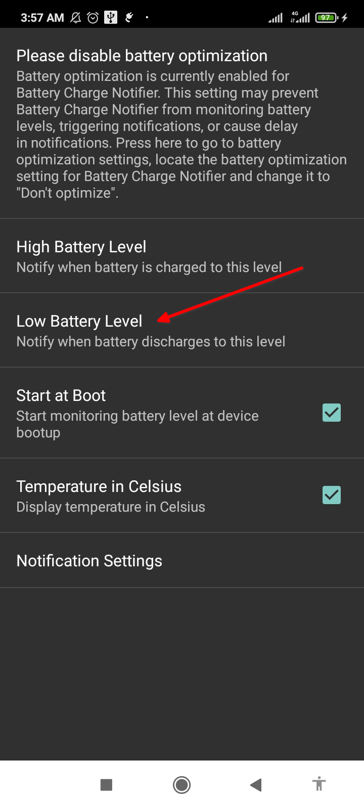 Setting the low battery notification alert in Battery Charge Notifier.