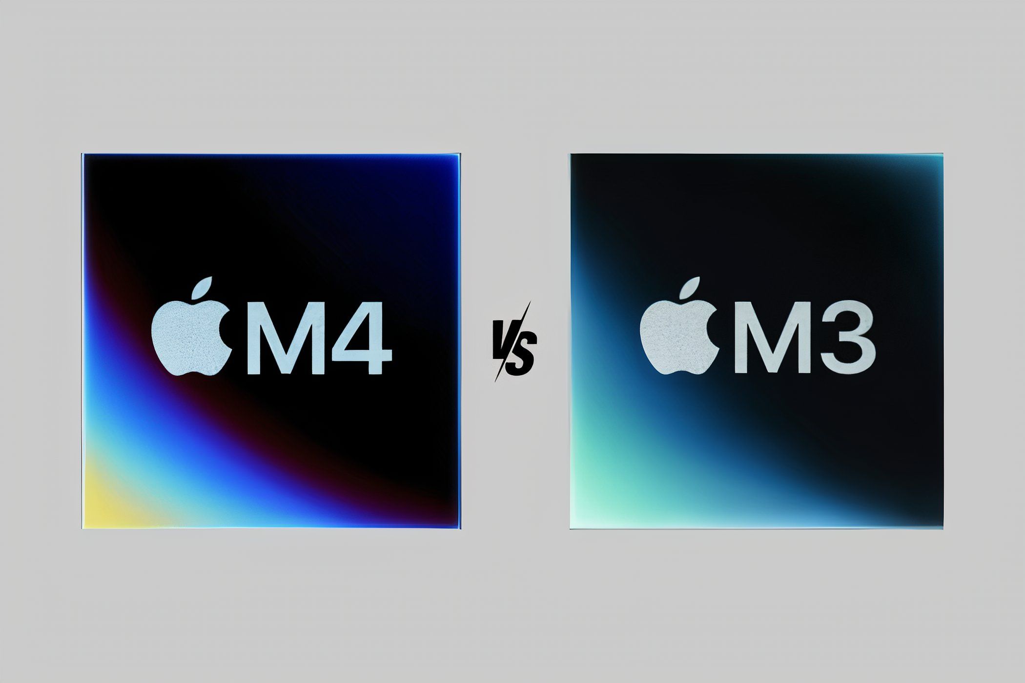 Image of the Apple M4 chip on the left and the Apple M3 chip on the right with a versus symbol in between.