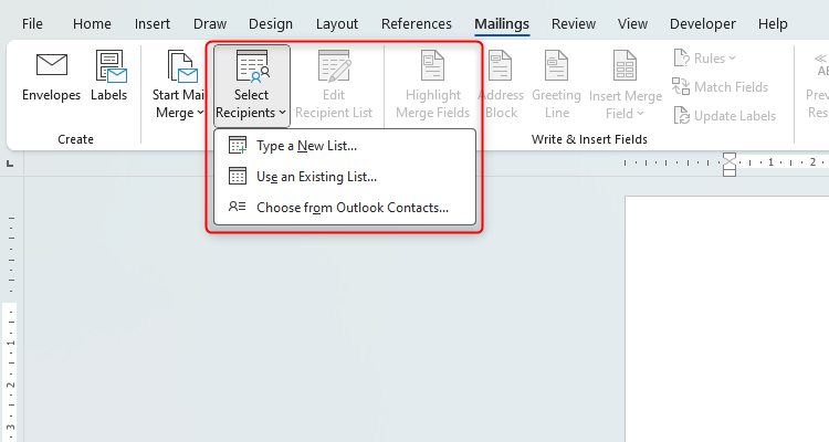 A Microsoft Word document with the mail merge options displayed and highlighted.