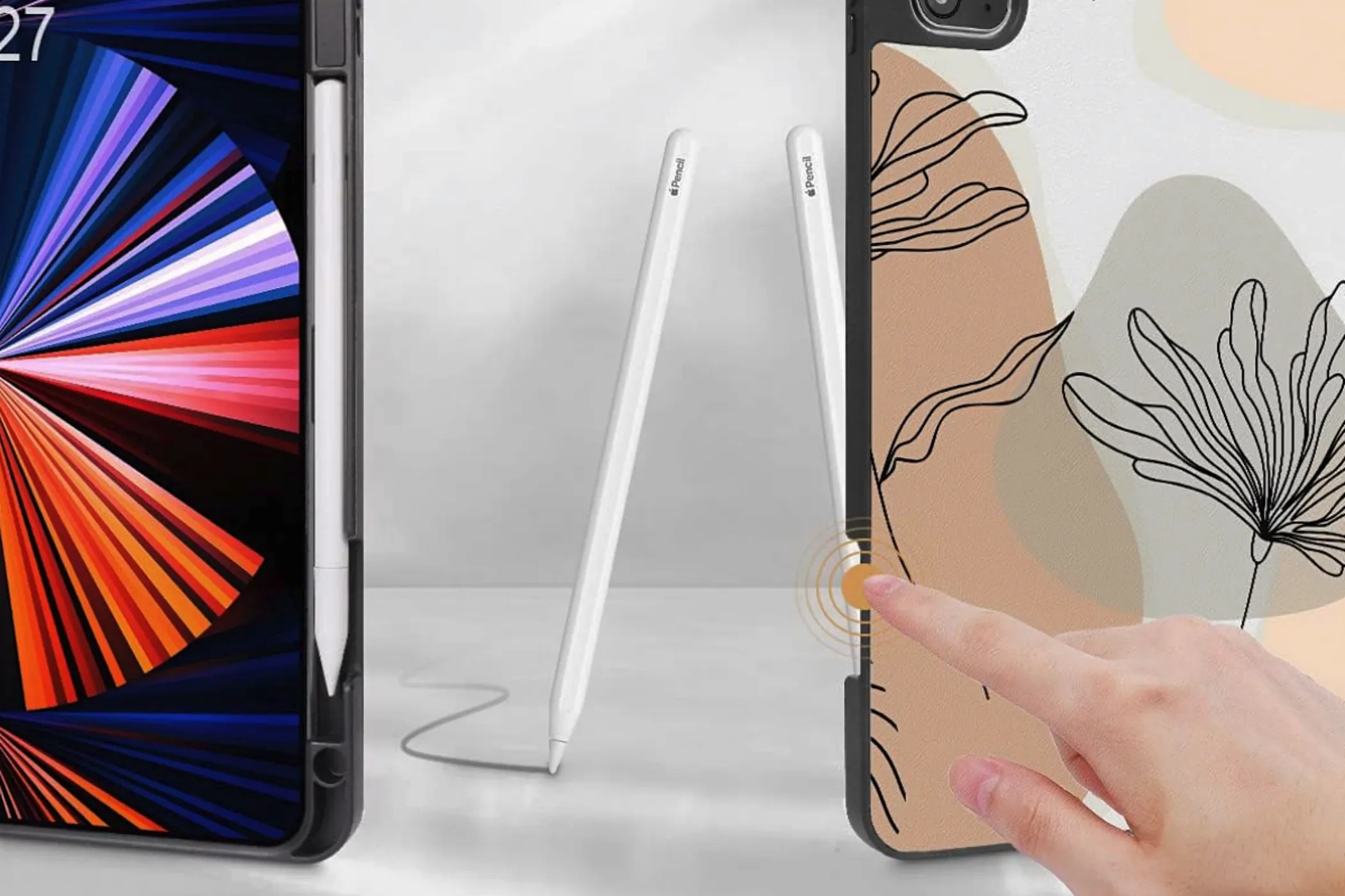 A finger poking the Apple Pencil out from the slot featured on the May Chen Case.