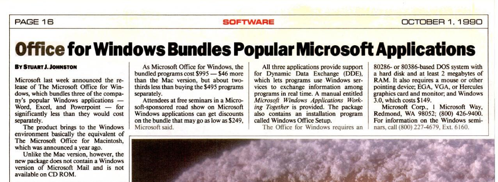 An InfoWorld Newspaper cutting announcing the launch of The Microsoft Office for Windows.