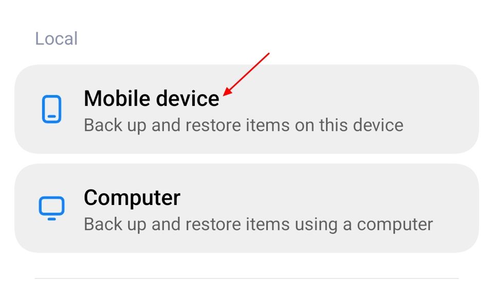 Mobile device option in the back up and restore window.