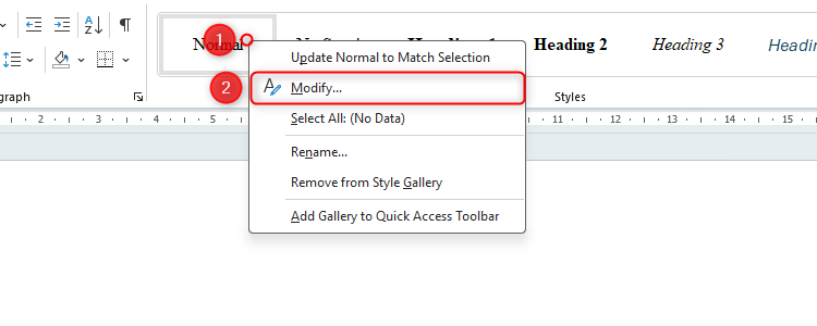 A Word document with a circle indicating a right-click on the Normal style, and the Modify option highlighted.