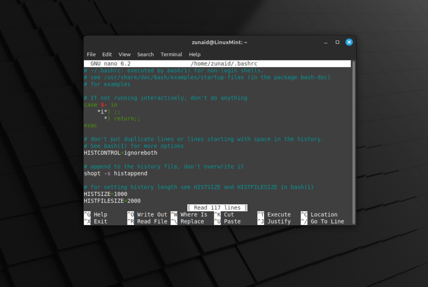 An instance of a configuration file opened in the nano text editor on Linux Mint