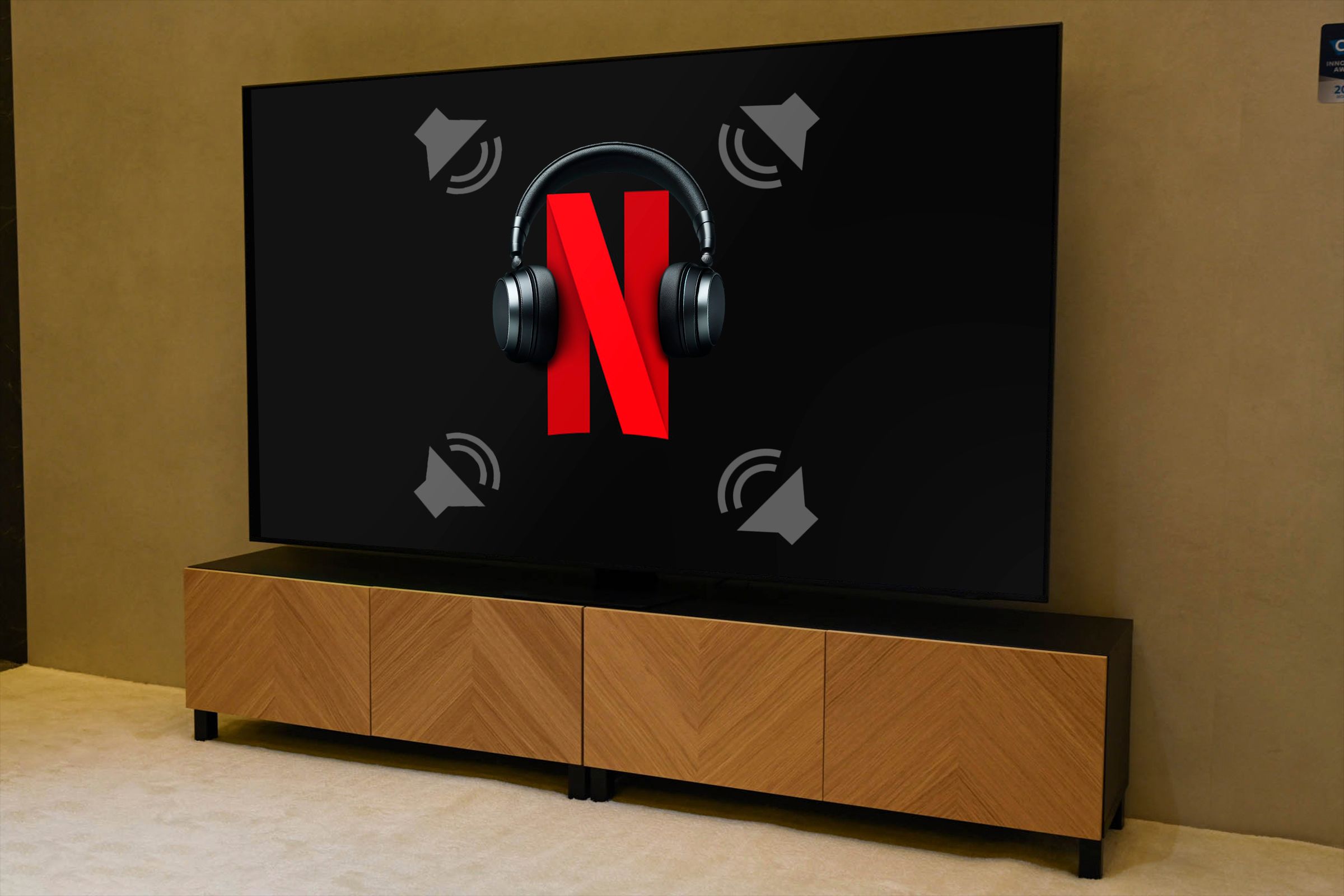 Netflix logo on a TV with a headset and some speaker icons around it.
