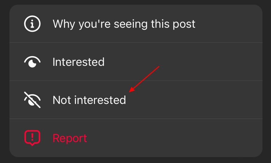 Not Interested option on the Instagram app.
