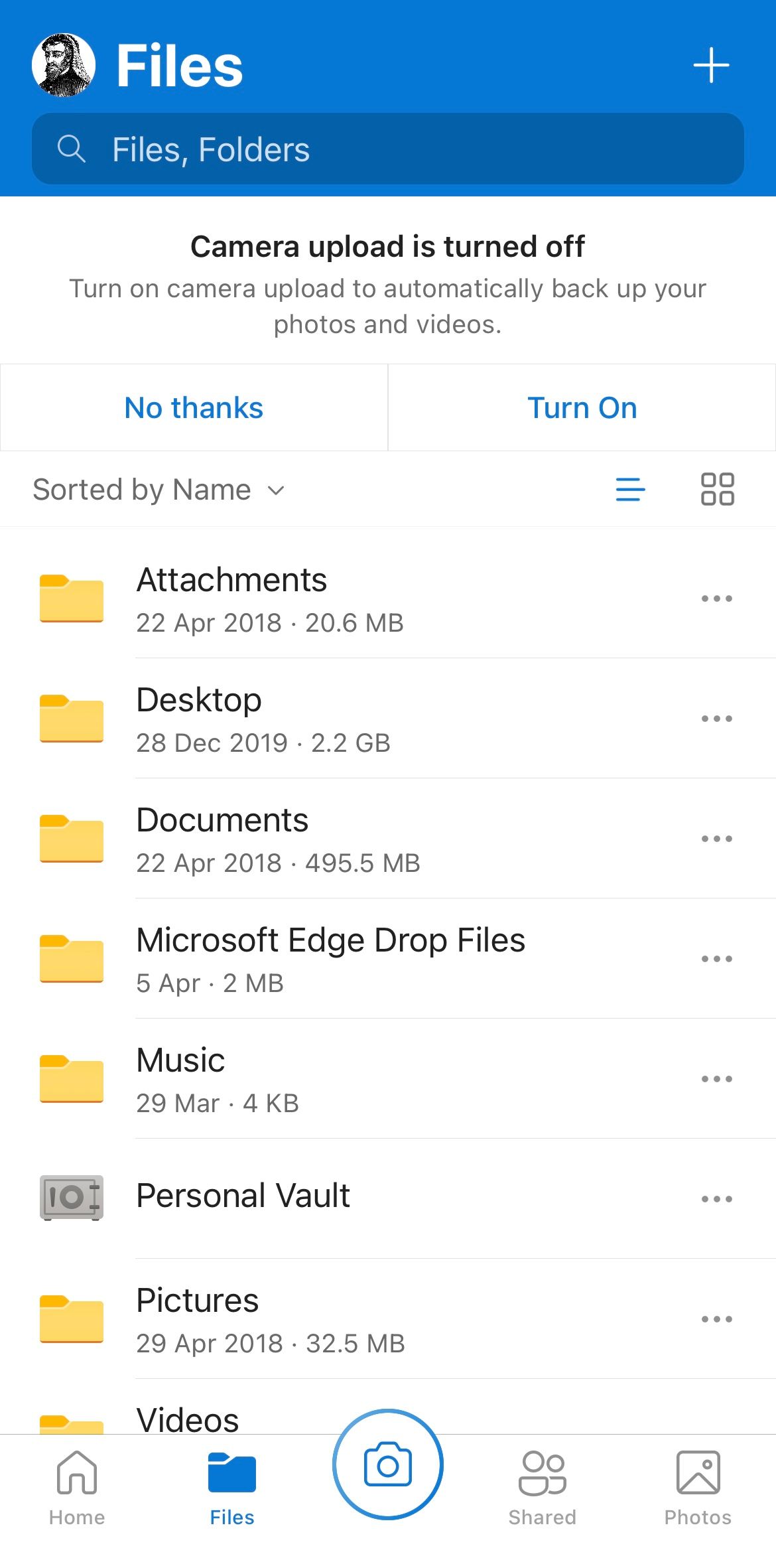 The OneDrive mobile app on the Files page.