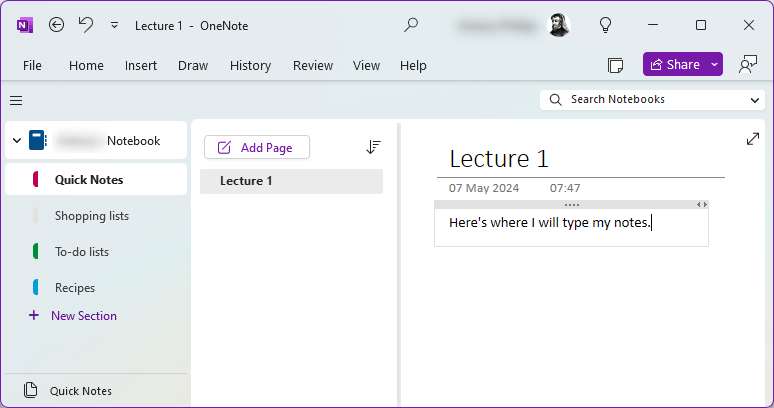 The Microsoft OneNote app with a new note entitled 'Lecture 1' added to the Quick Notes.