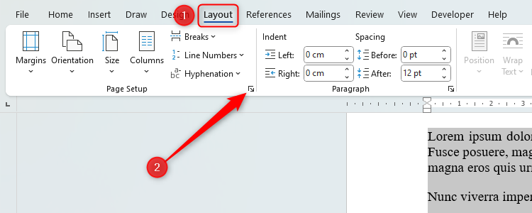 A Word document with the Page Setup arrow in the Layout tab on the ribbon highlighted.